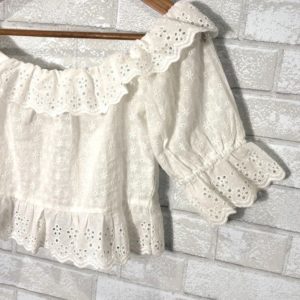 Zara‎ White Eyelet Milkmaid Peplum Crop Top XS Coquette Festival Coastal Cottage